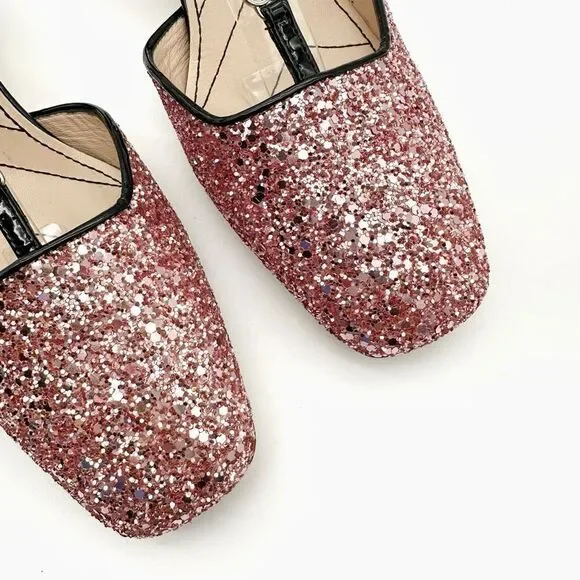 GUCCI Pink Glitter T-Strap Embellished Size 37.5 US 7.5 Leather GG Marmont - Picture 7 of 14